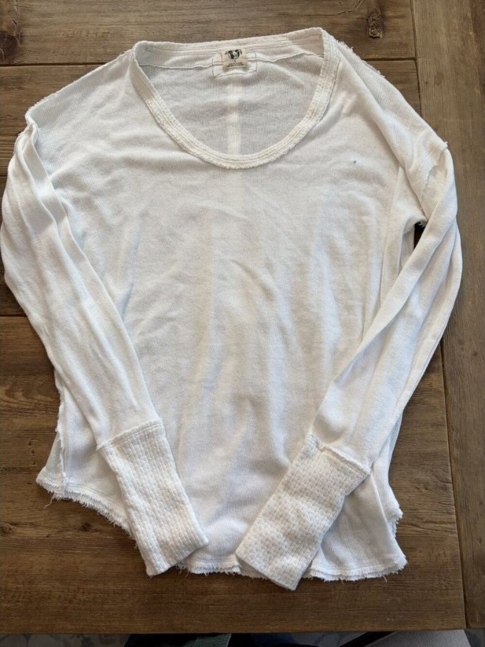 Free People We The Free White Raw Edge Waffle Cuff Long Sleeve Top S